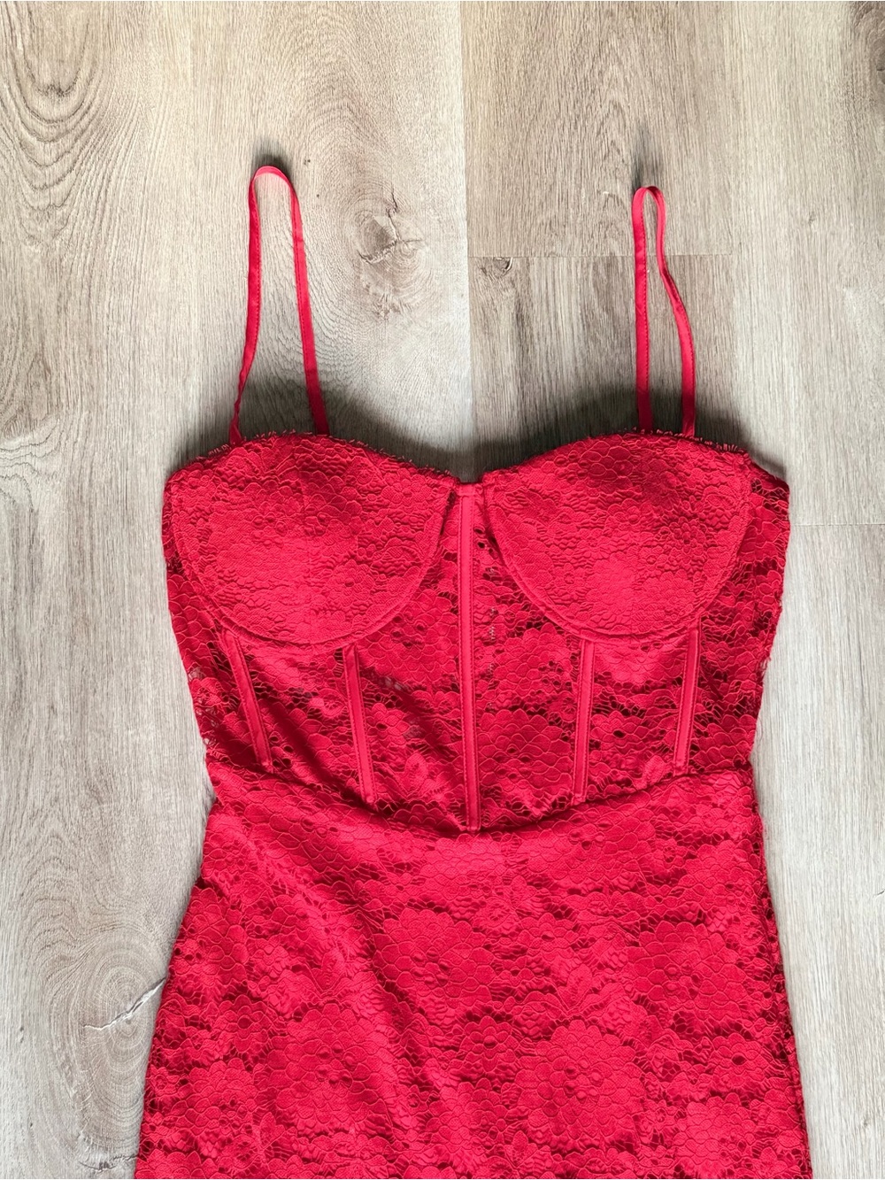 Bebe Red Lace Corset Midi Dress Bustier Boned Bodycon Large - Picture 3 of 8